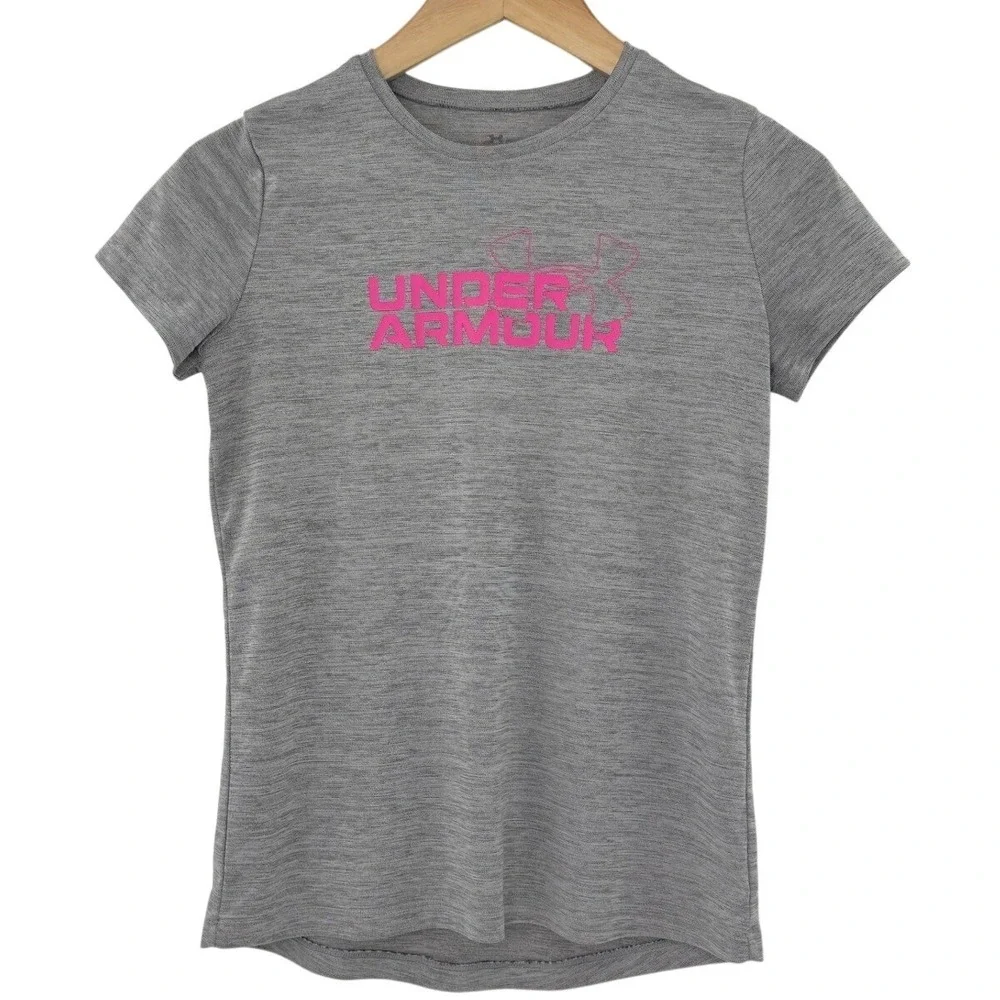 Under Armour Girls Youth Large YL Gray Pink Logo Short Sleeve Athletic T-Shirt